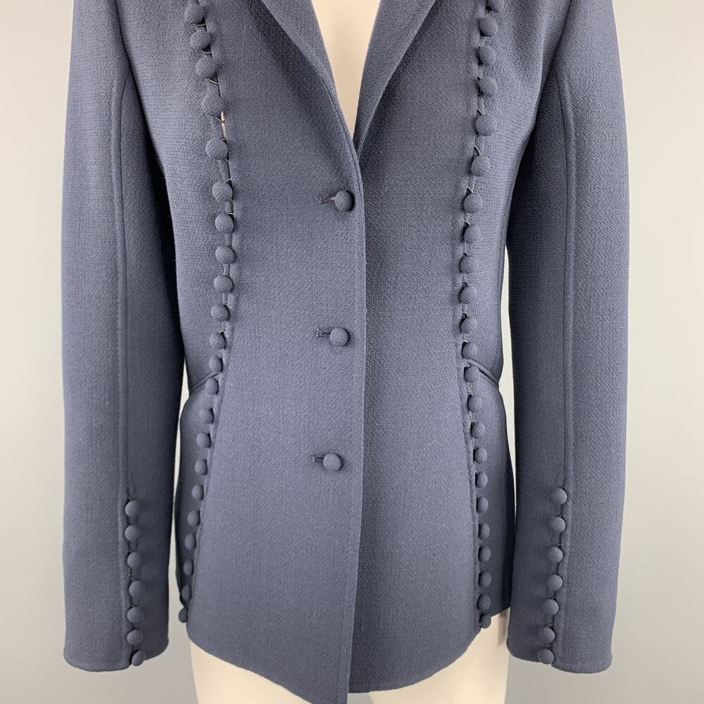 CHADO RALPH RUCCI Size 2 Navy Crepe Wool Button Trim Notch Lapel Jacket - Picture 3 of 10